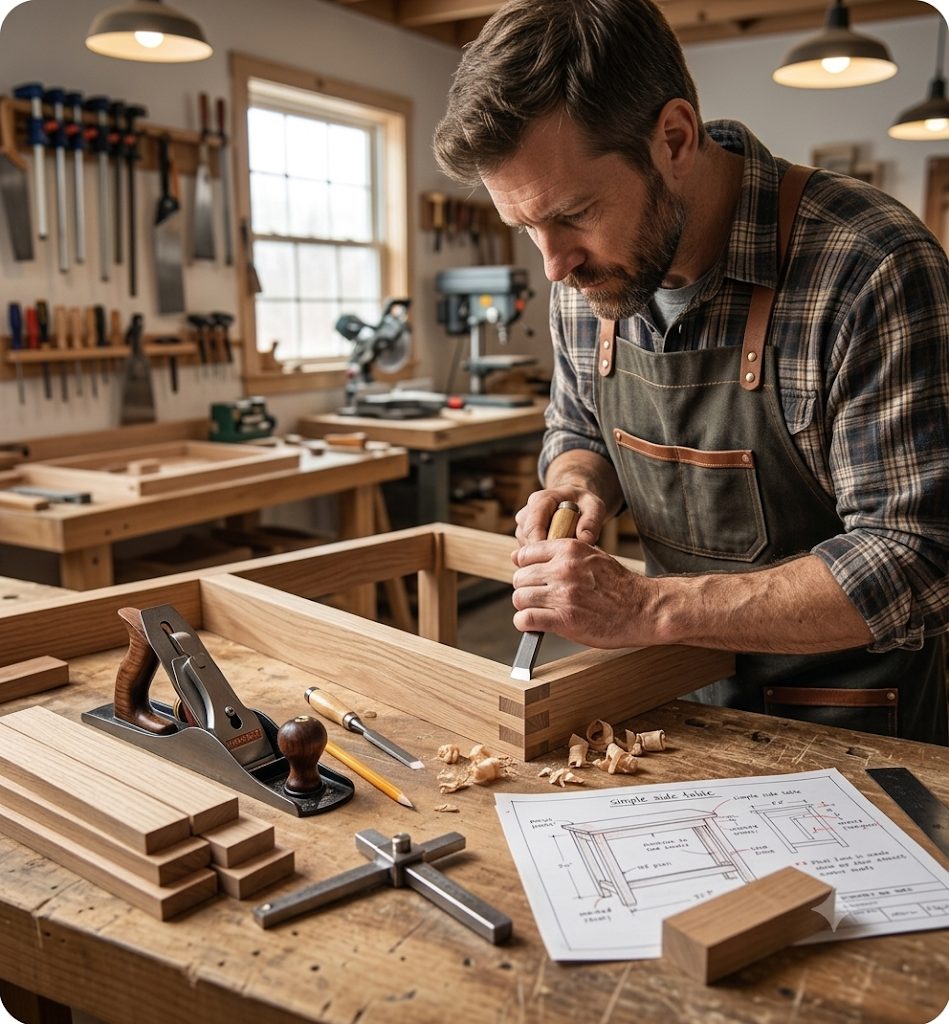A woodworker assembling a wooden side table by hand in a home workshop